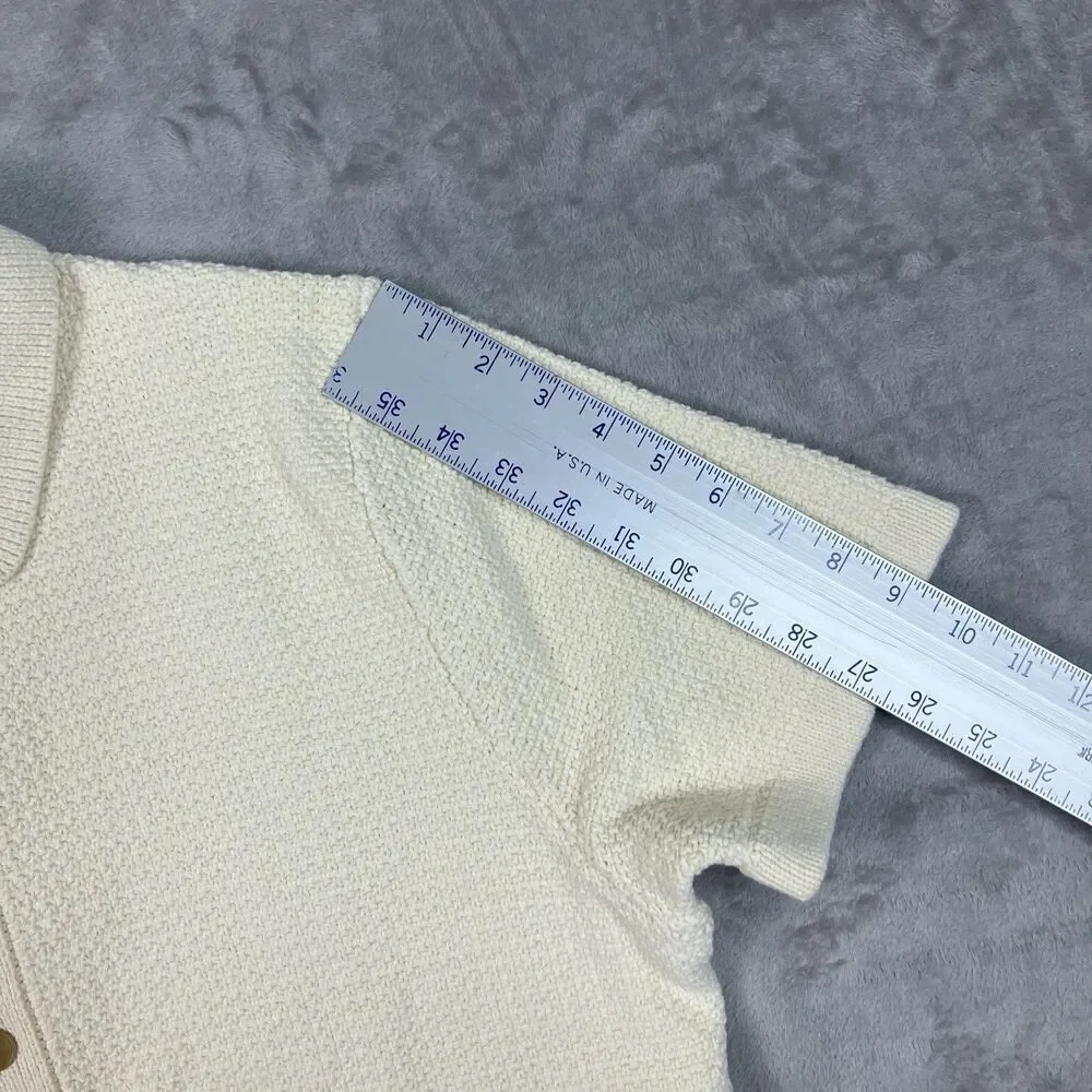 J Crew Polo Cardigan Mens L Cream Short Sleeve Cotton Waffle Knit Preppy CQ900